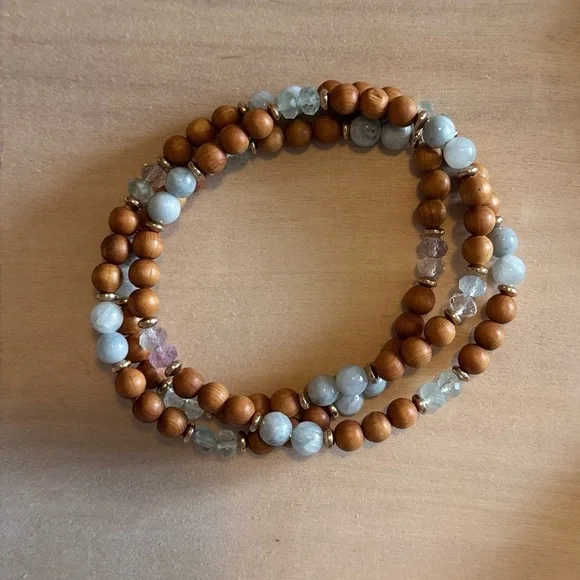 Natural Wood, Quartz & Fluorite Beaded Stretchy Wrap Bracelet - Picture 3 of 4